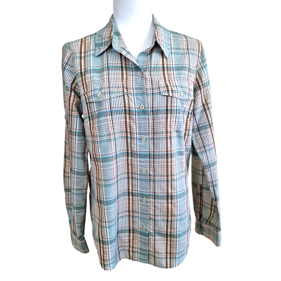 Patagonia Aqua and Tan Plaid Pattern Hiking Convertible Roll Up Sleeve Shirt 10 - Picture 1 of 9